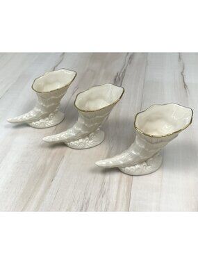 Set 3 LENOX Cornucopia 4" Ivory Porcelain TOOTHPICK HOLDERS Bud Vases 24K Gold